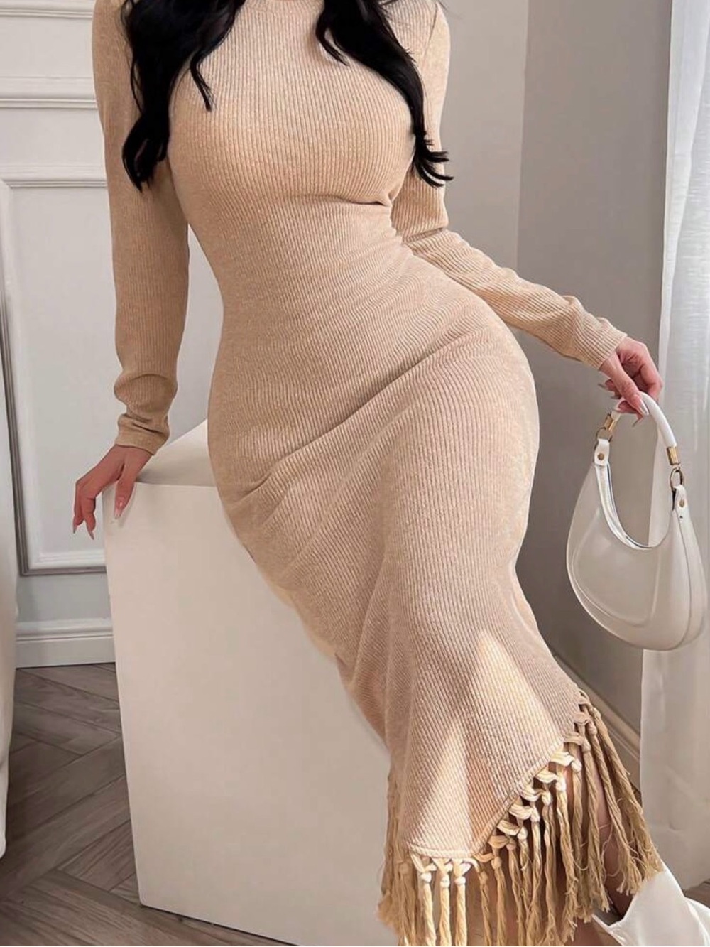 Long Sleeve Ribbed Midi Dress with Fringe Hem - Beige Brand New Size S